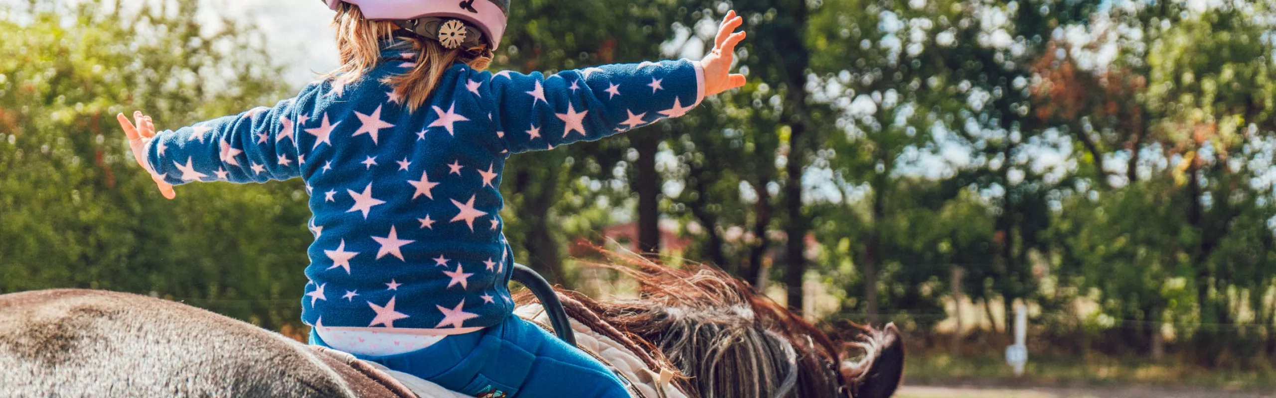 girl on a brown horse with her arms out to the side