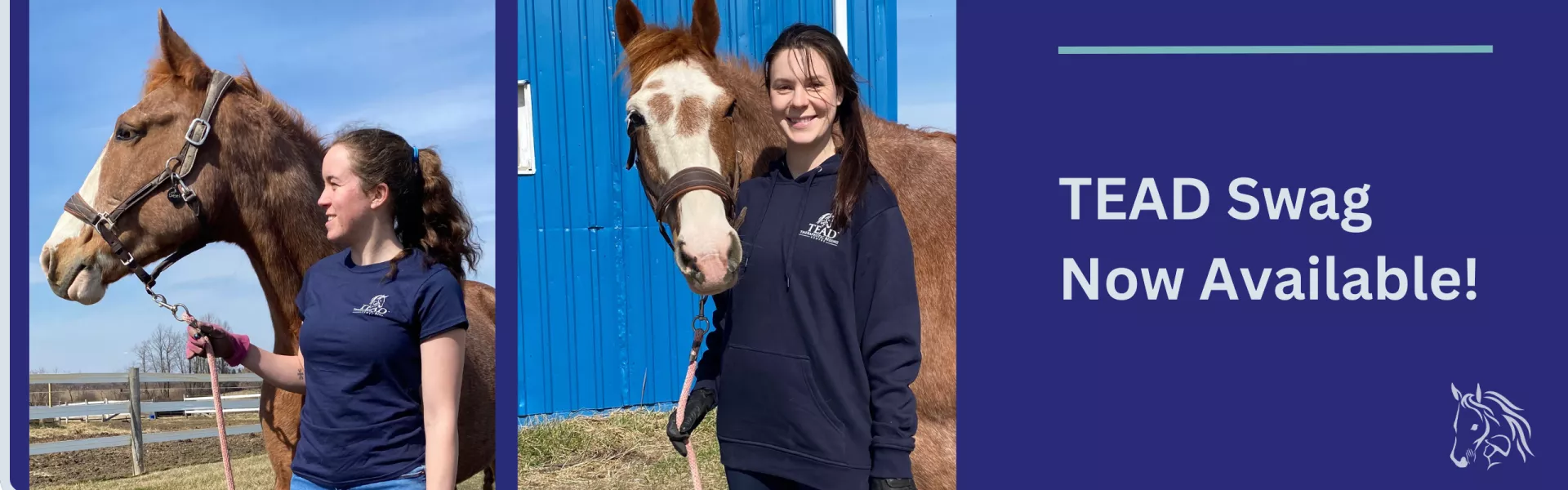 two TEAD staff members each standing beside a horse sporting a TEAD t-shirt & hoodie